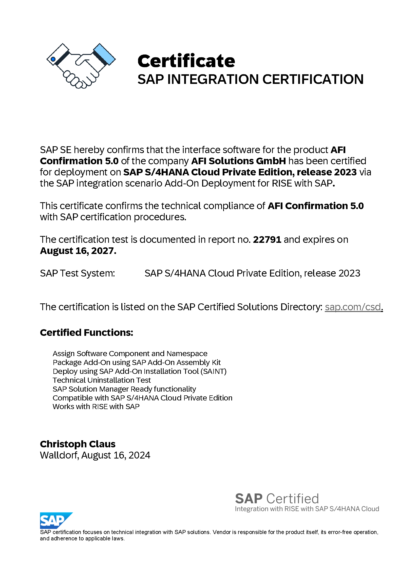 This certificate confirms the technical compliance of AFI Confirmation 5.0 with SAP certification procedures.